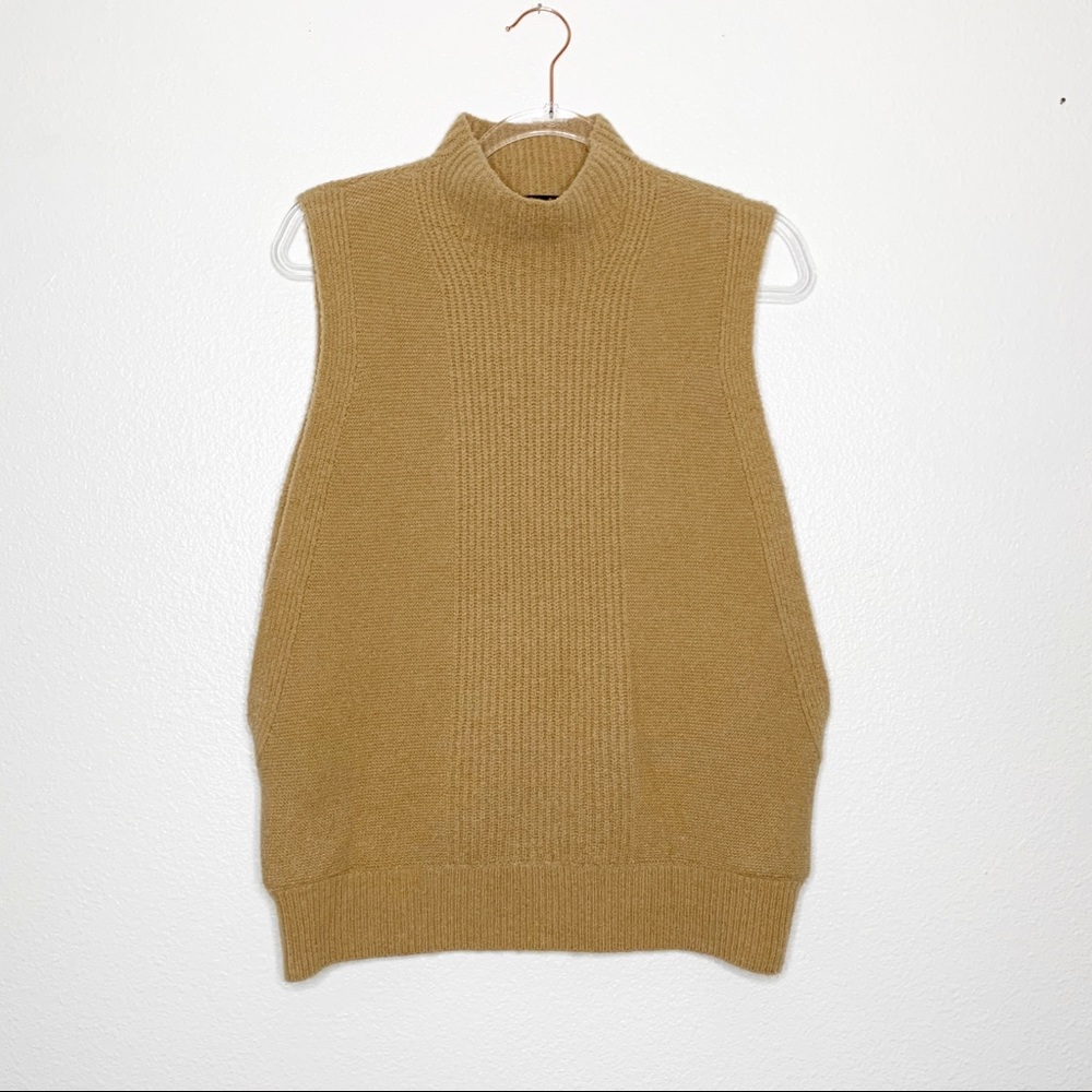Sleeveless Mock Neck Ribbed Knit Sweater - Camel